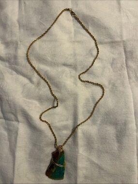 Gold Chain Necklace with Green and Brown Stone Pendant